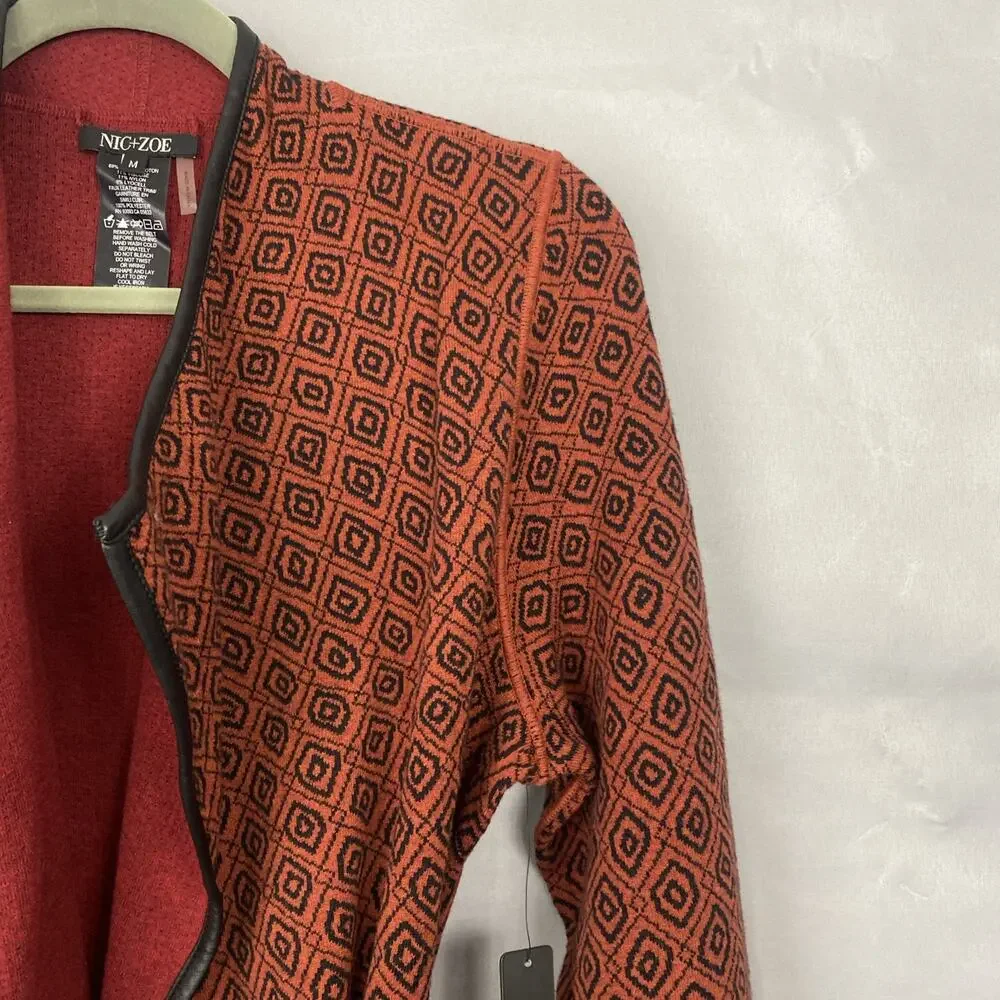 NWT NIC & ZOE Sweater M Cardigan Belted Long Geometric Faux Leather Asymmetric - Picture 3 of 14